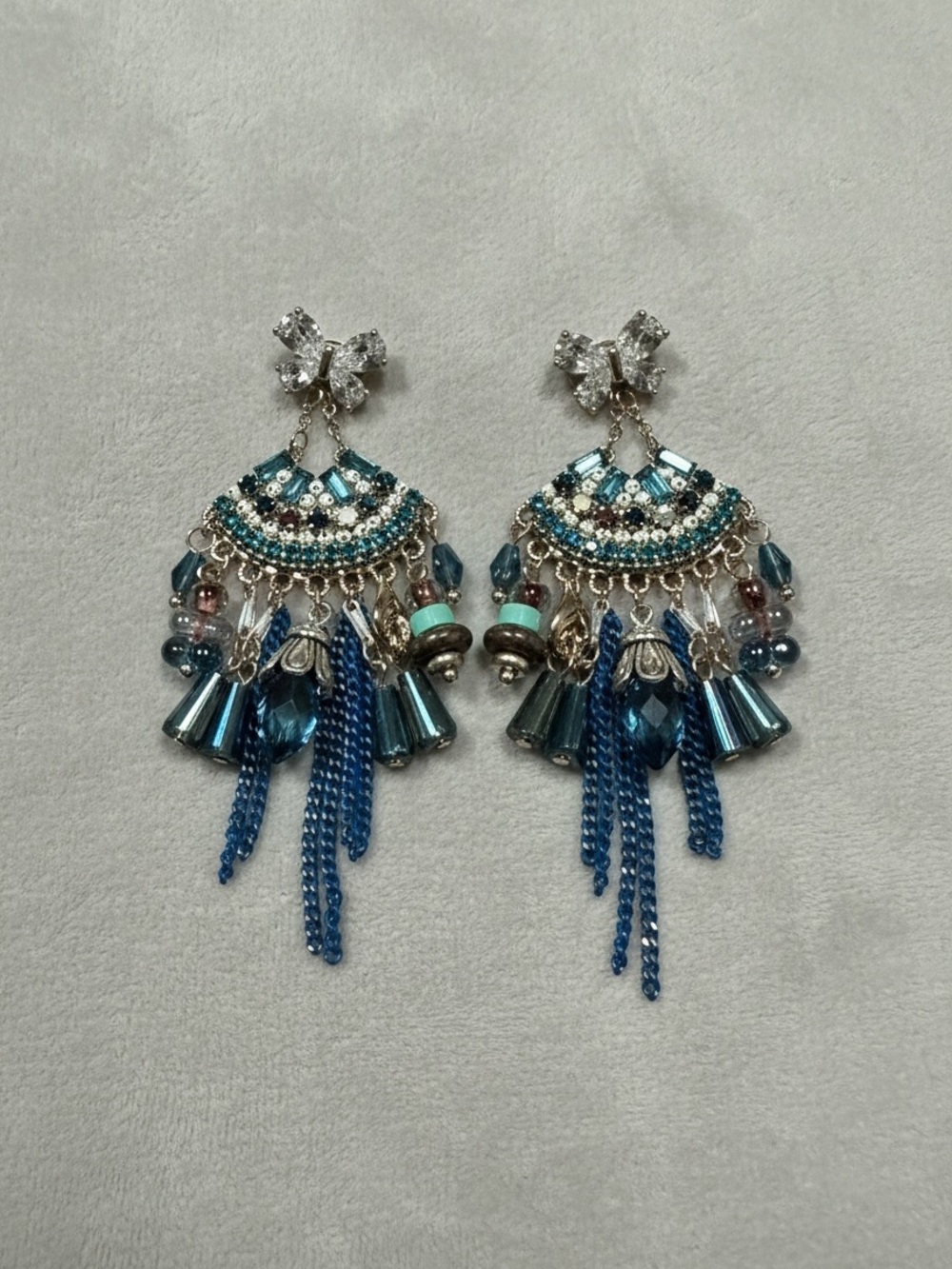 Sterling Silver Blue Beaded Tassel Drop Earrings - Designer Style